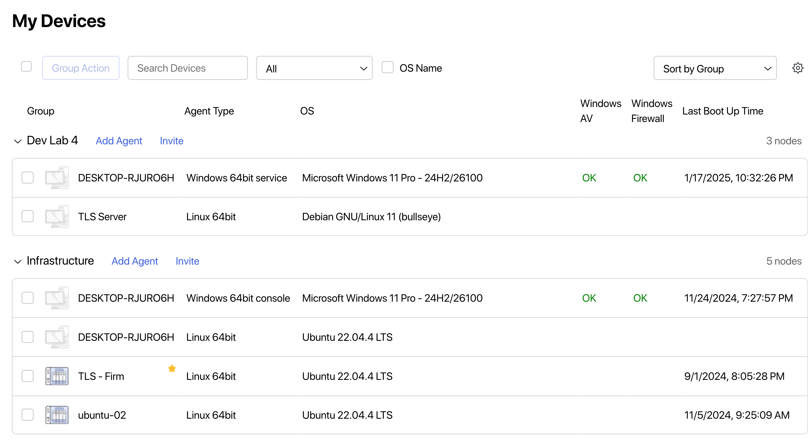 Console MeshCA, màn hình My Devices: thiết bị chia theo nhóm, kèm loại agent, hệ điều hành, trạng thái antivirus, tường lửa và lần khởi động gần nhất.