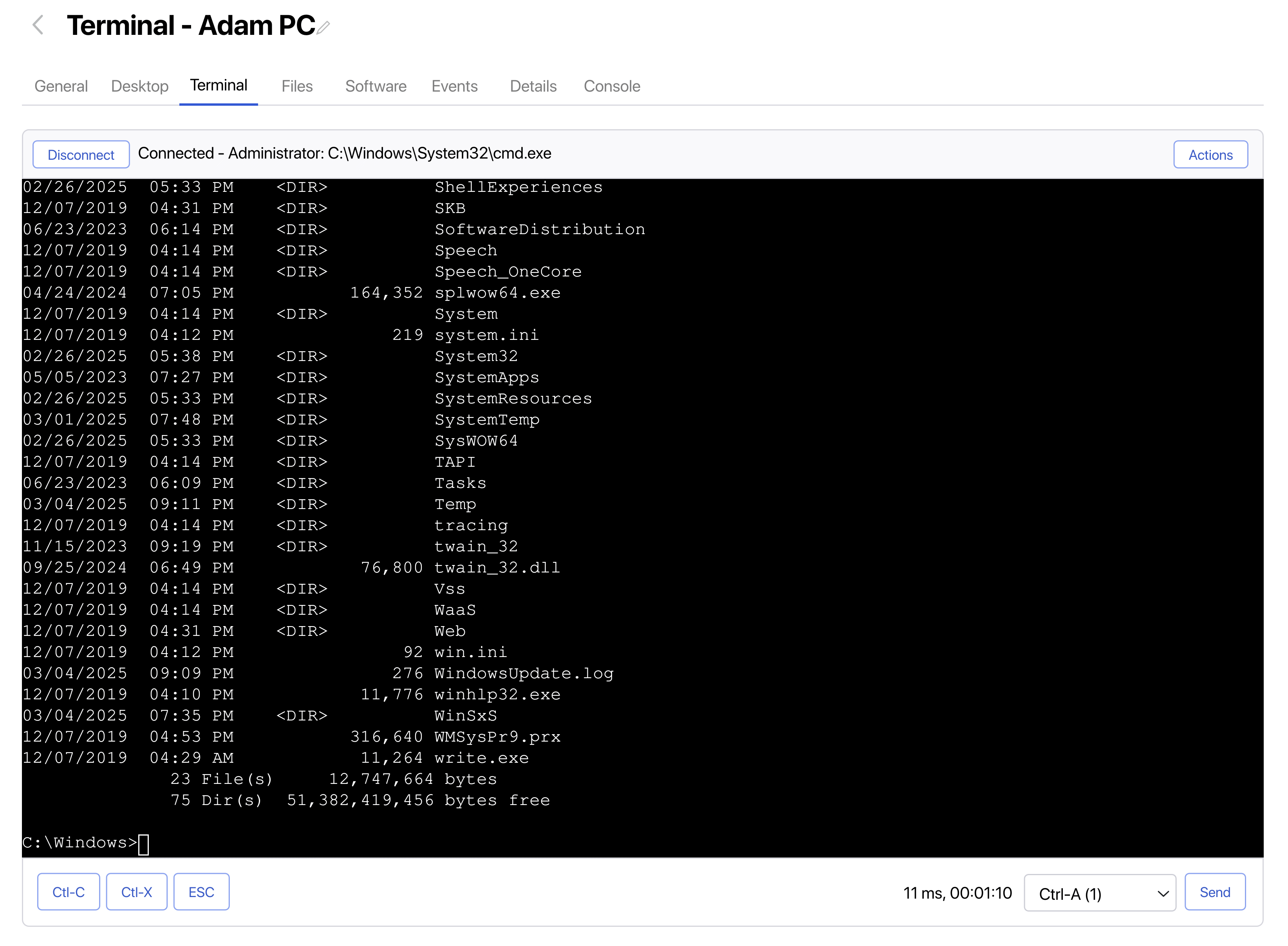 Tab Terminal đang kết nối tới một máy Windows với quyền Administrator, hiển thị danh sách thư mục