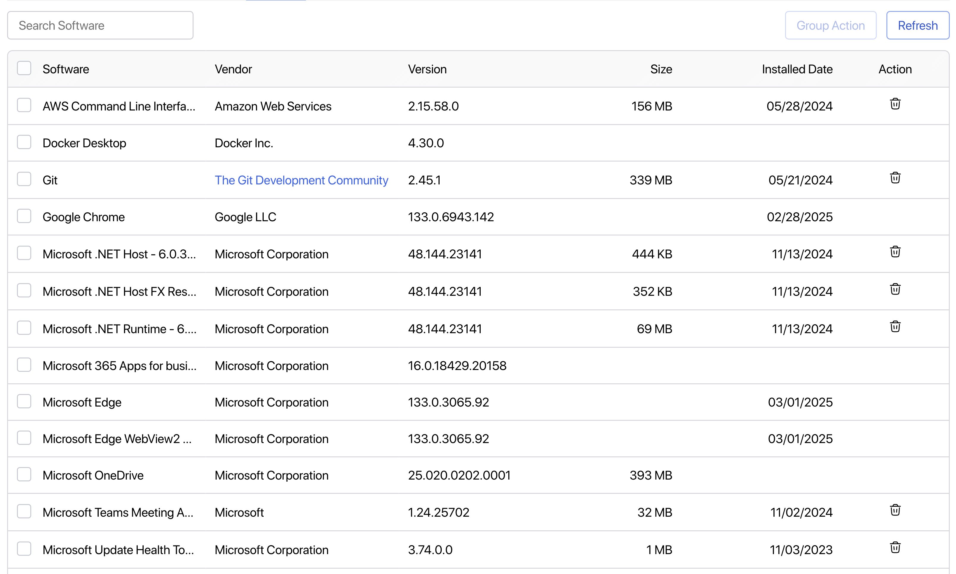 Tab Software của một thiết bị: ứng dụng đã cài kèm nhà phát hành, phiên bản, dung lượng, ngày cài và nút gỡ